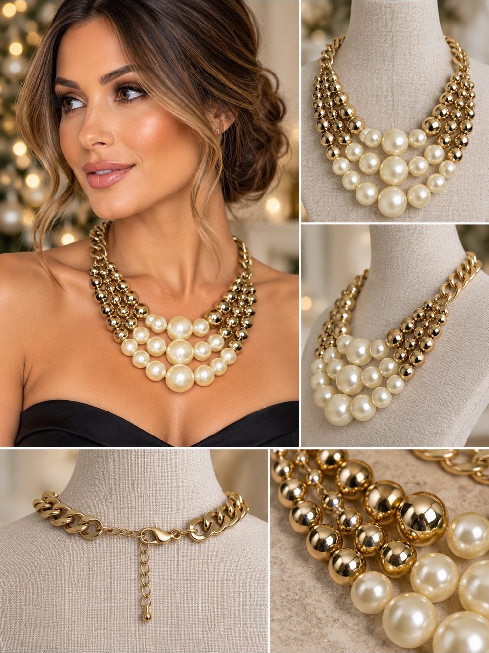 Gold Tone Faux Pearl Multi Strand Statement Bib Necklace Costume Jewelry